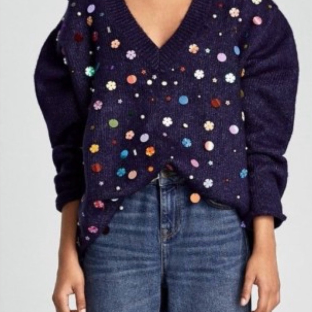 Zara Wool Alpaca Oversized Navy Sweater with Colorful Embellishments